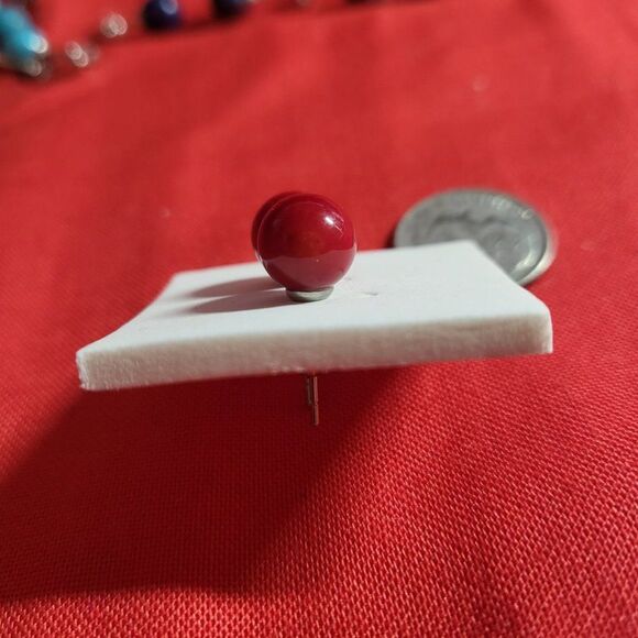 Natural Red Agate Gemstone Round Bead Ball Stud Earrings - Picture 4 of 5